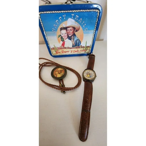 Roy Rogers Leather Fossil Watch Bolo Small Tin Lunch Snack Box Authentic